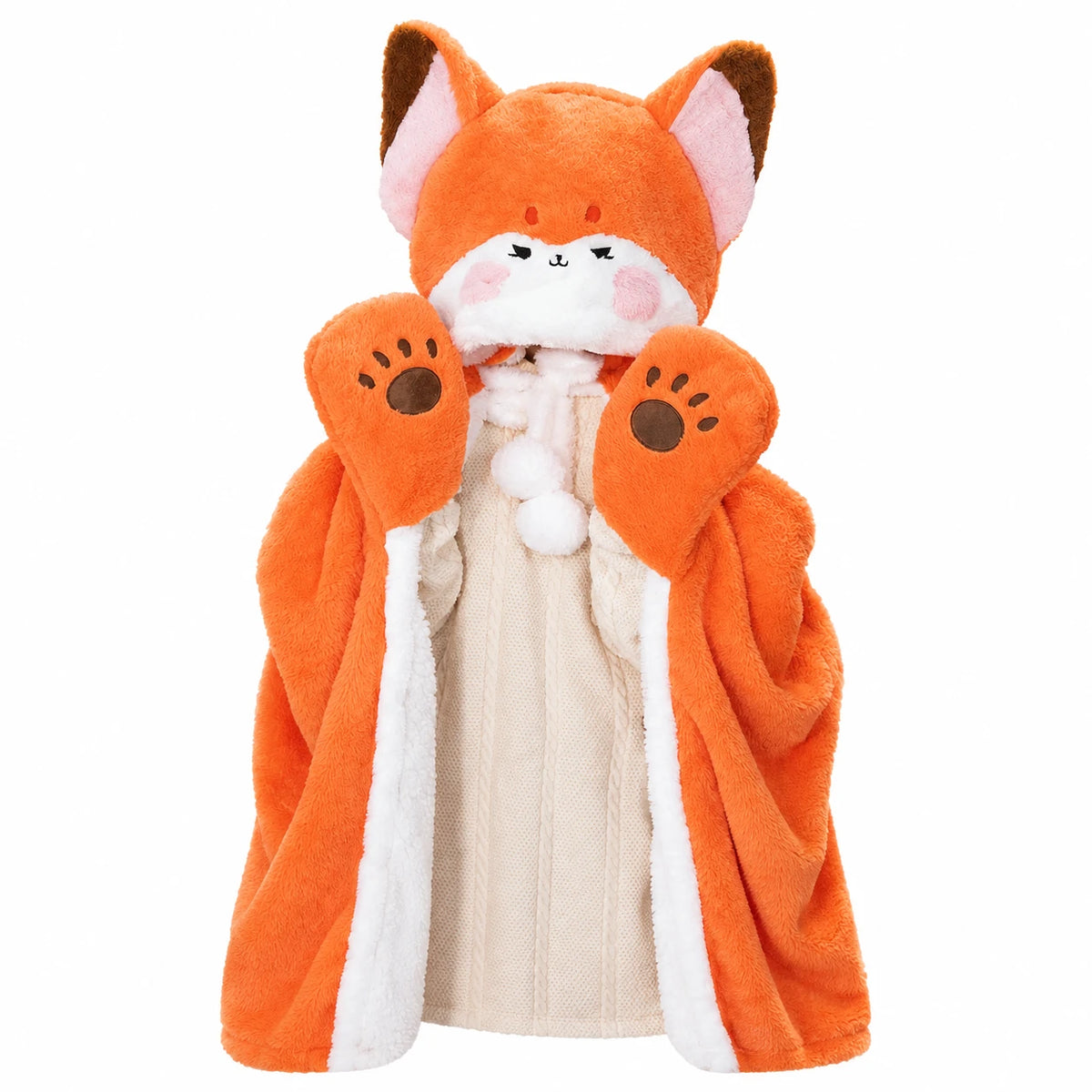 Fox Plush Hooded Blanket with Attached Paw Mittens - Mittens (120x160cm / 47x63in)