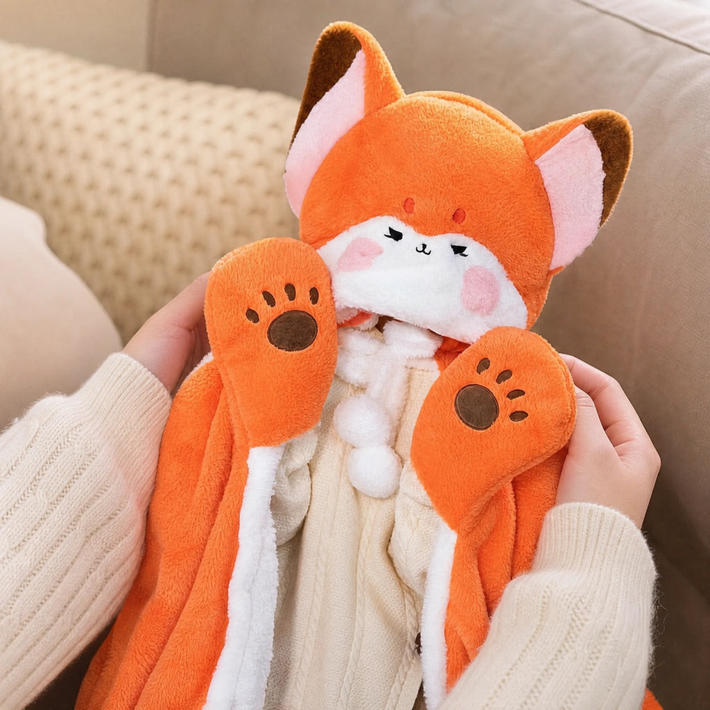 Fox Plush Hooded Blanket with Attached Paw Mittens - Utilisation du produit