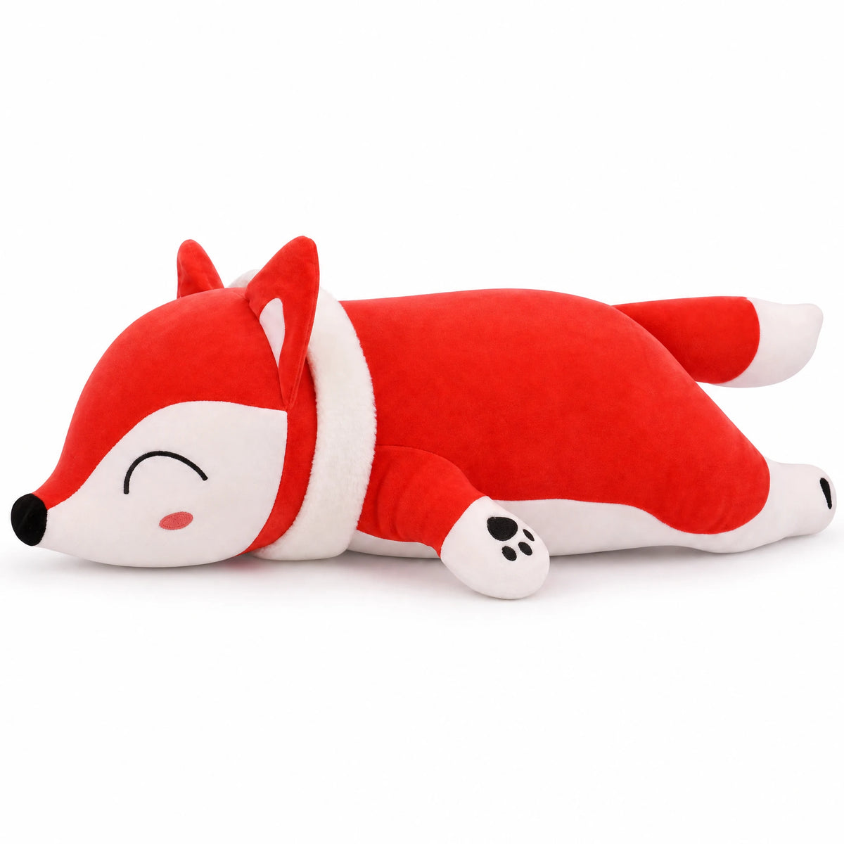 Fox Plush Pillow in Soft Red with Cuddly Sleeping Design - Fond blanc