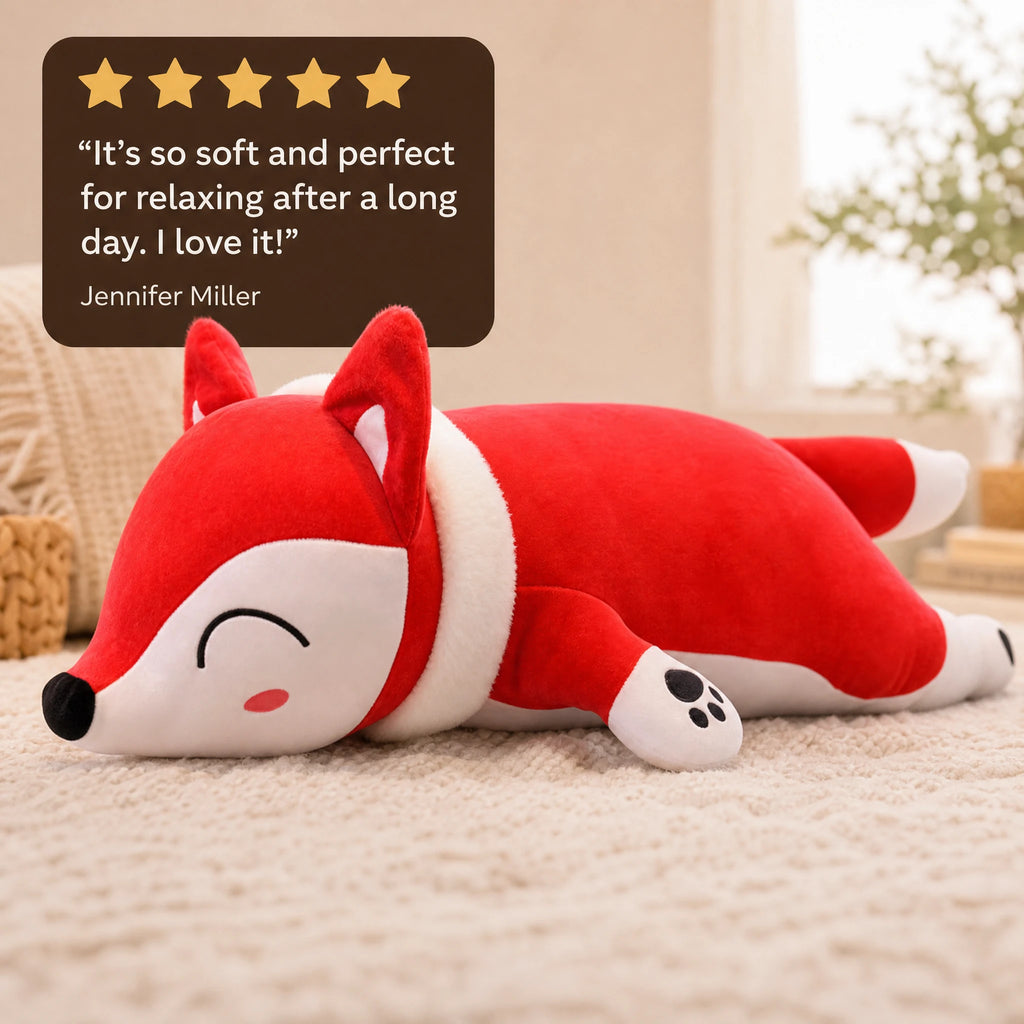 Fox Plush Pillow in Soft Red with Cuddly Sleeping Design - Image témoignage