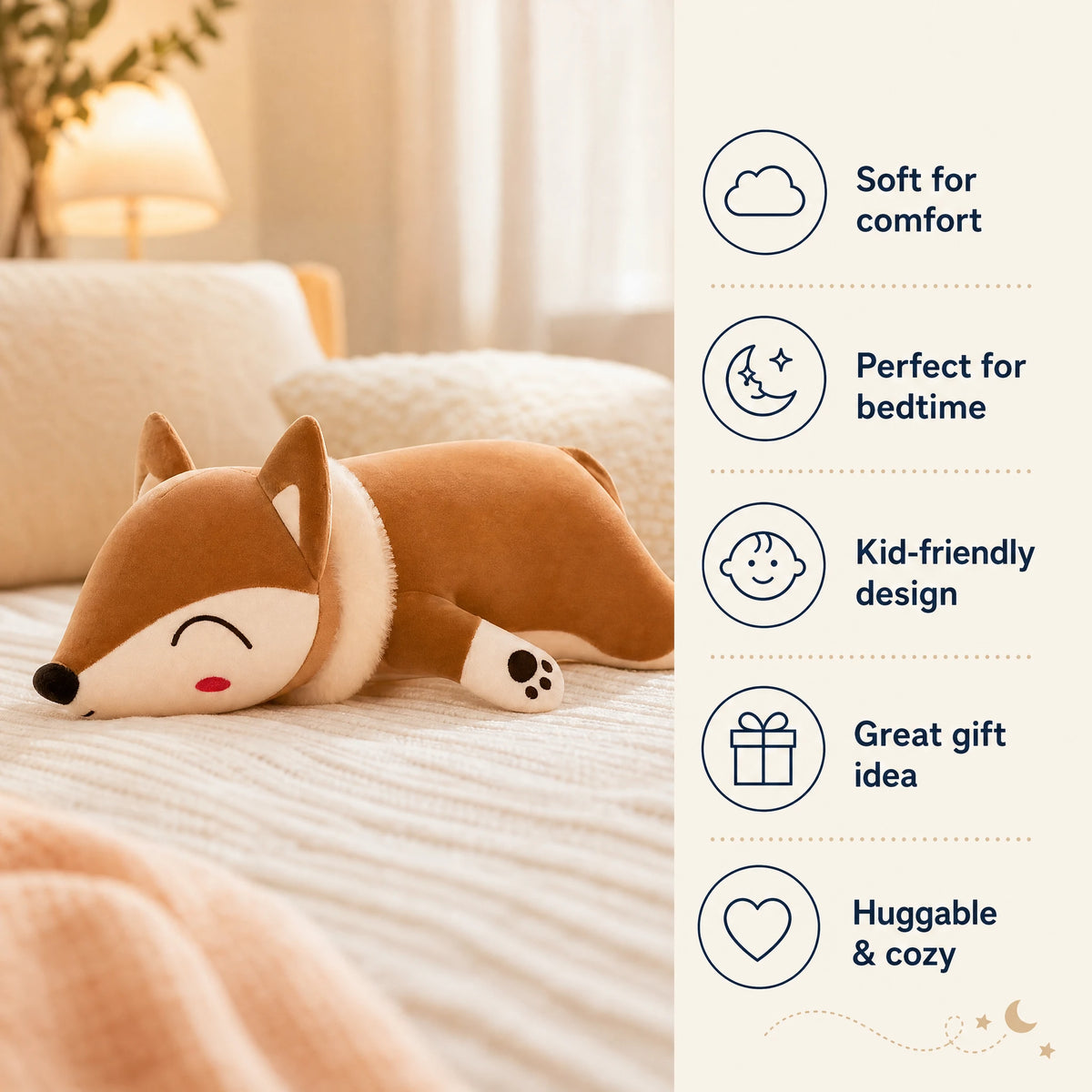 Fox Plush Pillow with Sleeping Face Design - Bénéfices produit