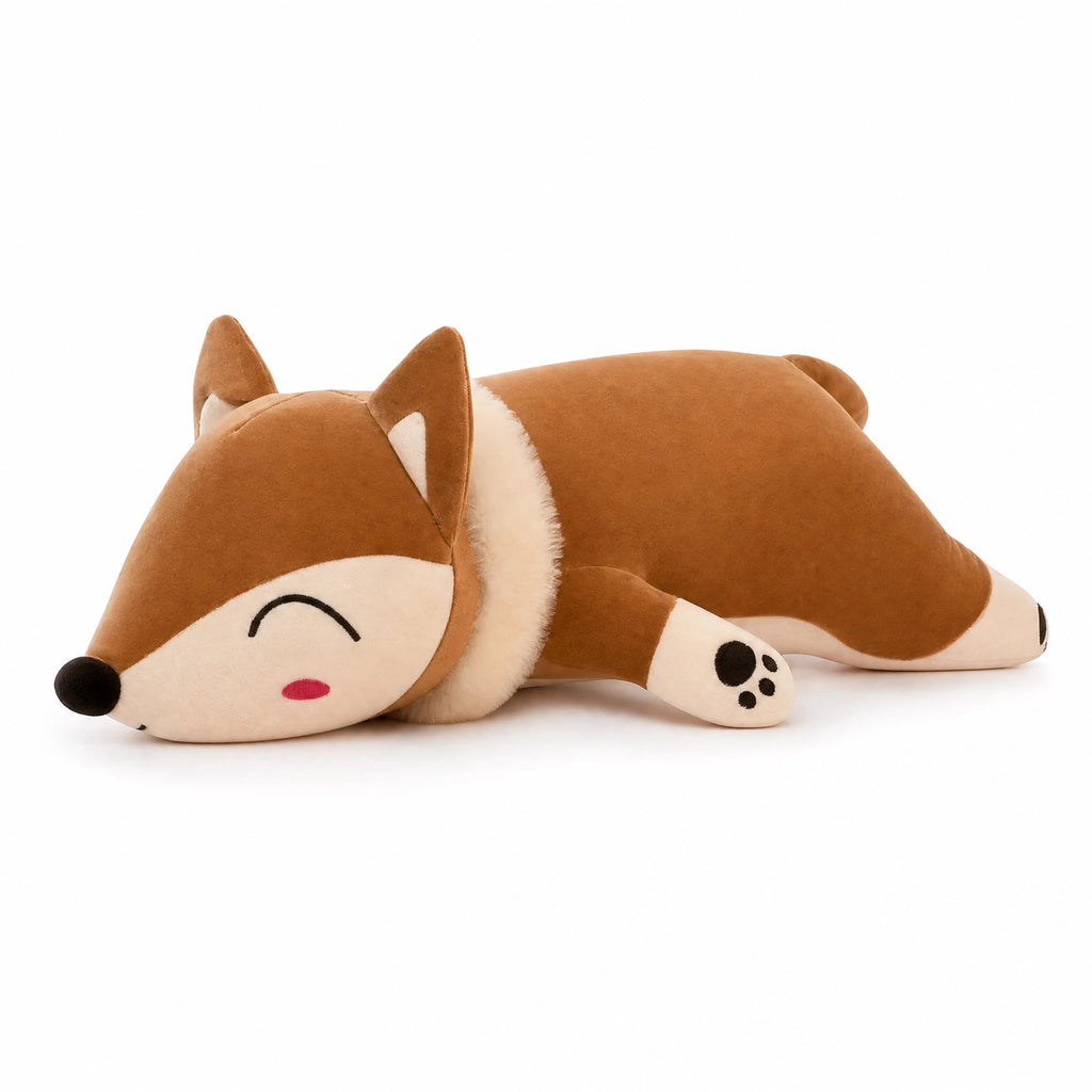 Fox Plush Pillow with Sleeping Face Design - Fond blanc