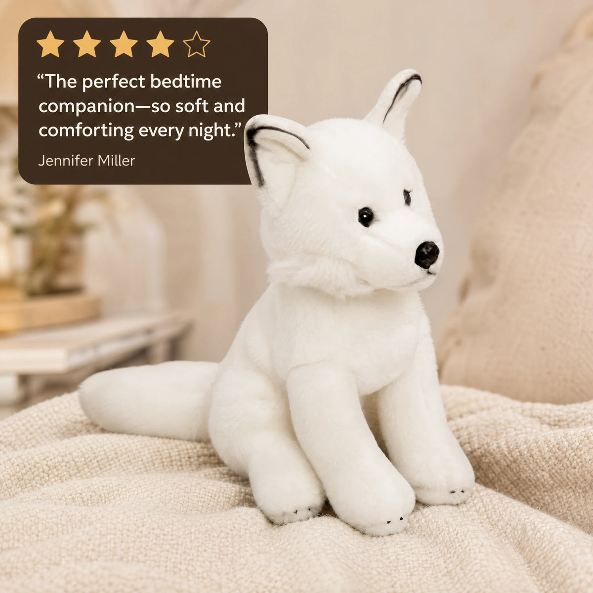 Fox Plush Toy with Soft White Fur and Sitting Pose - Image témoignage