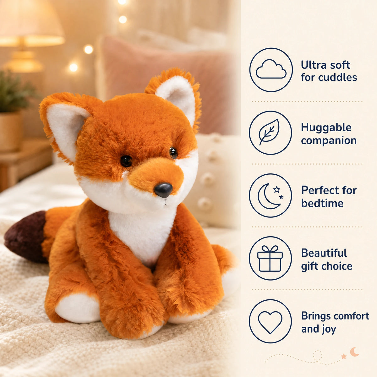 Fox Plush with Big Black Eyes and Soft Orange Fur - Bénéfices produit