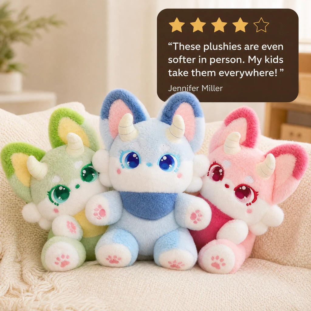 Fox Plush with Horns and Pastel Fur in Three Colors - Image témoignage