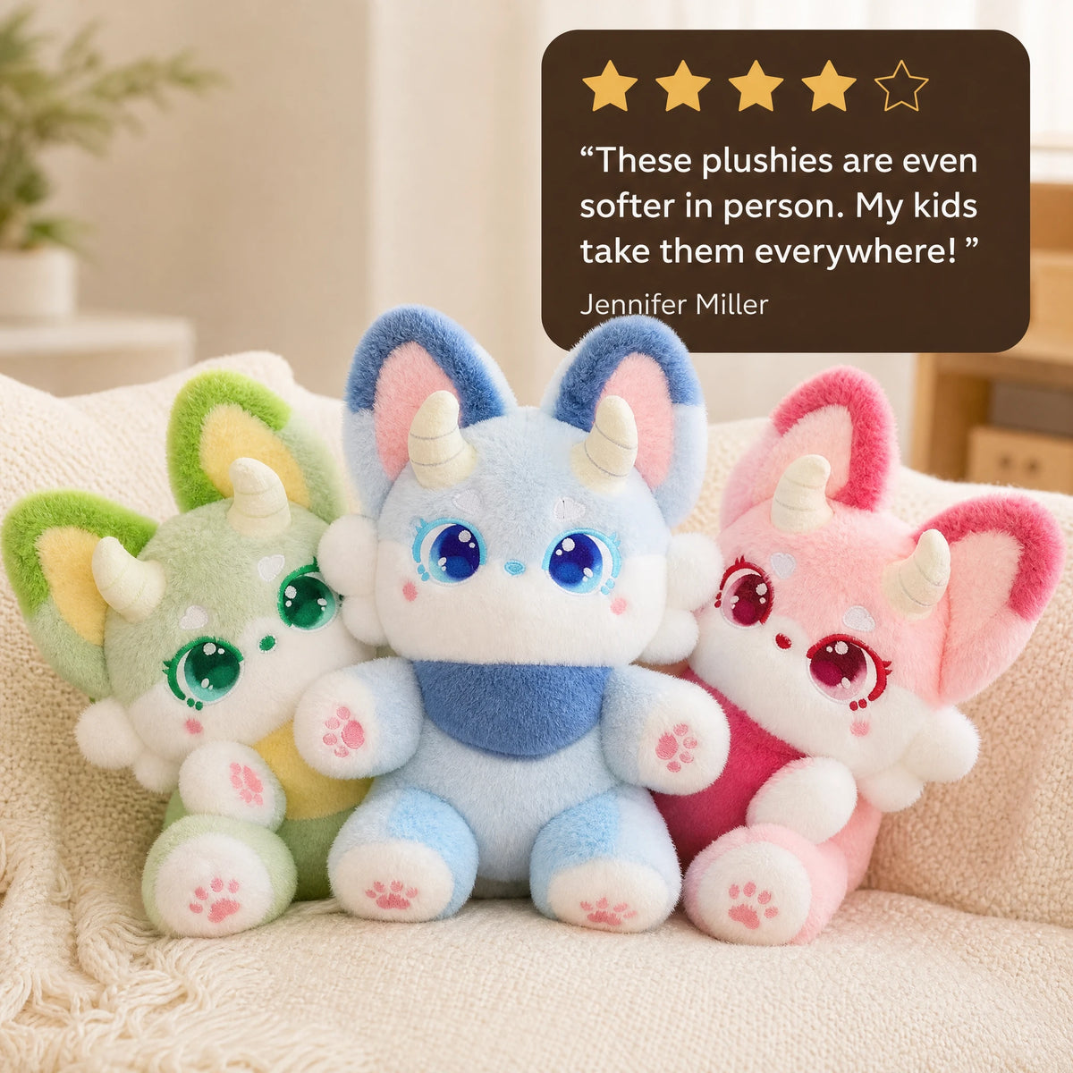 Fox Plush with Horns and Pastel Fur in Three Colors - Image témoignage
