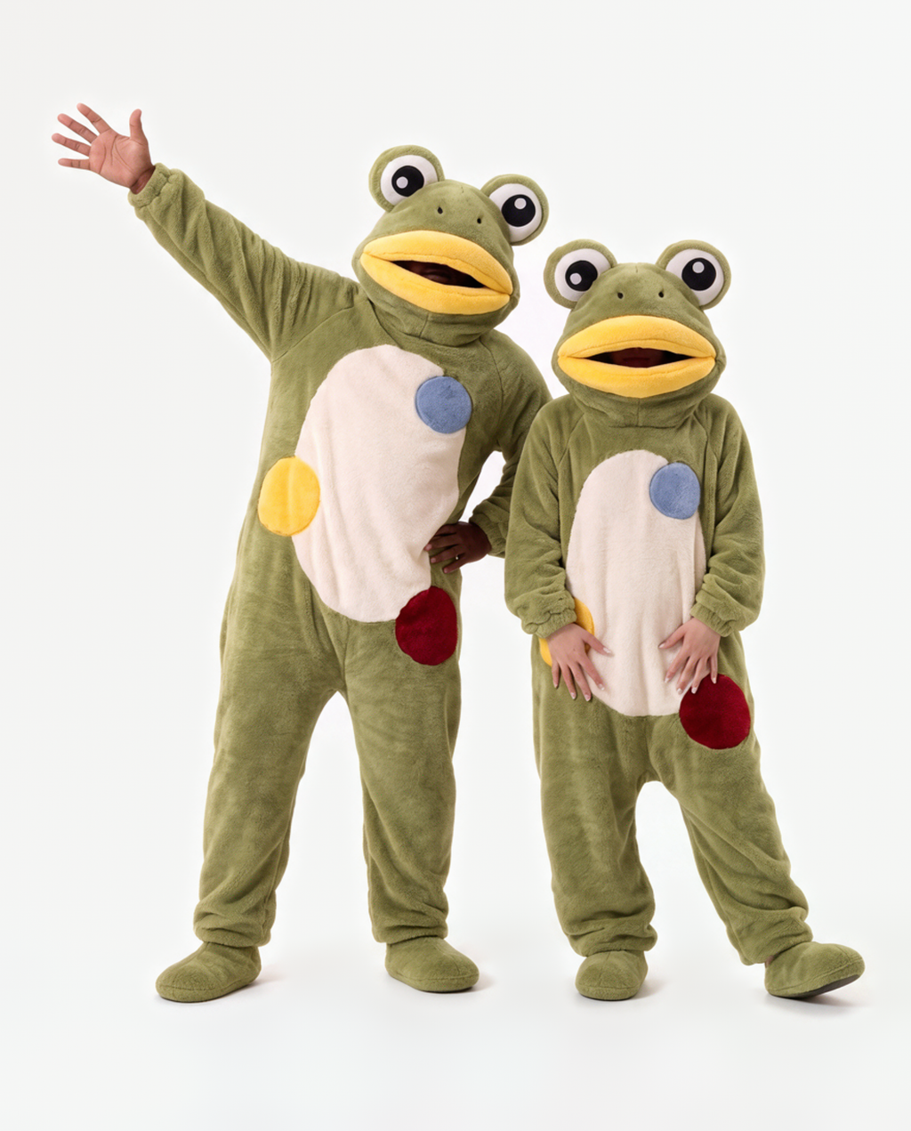 Frog Onesie, two people in matching costumes pointing
