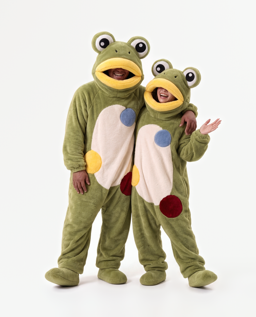 Frog Onesie, two people in matching costumes hugging