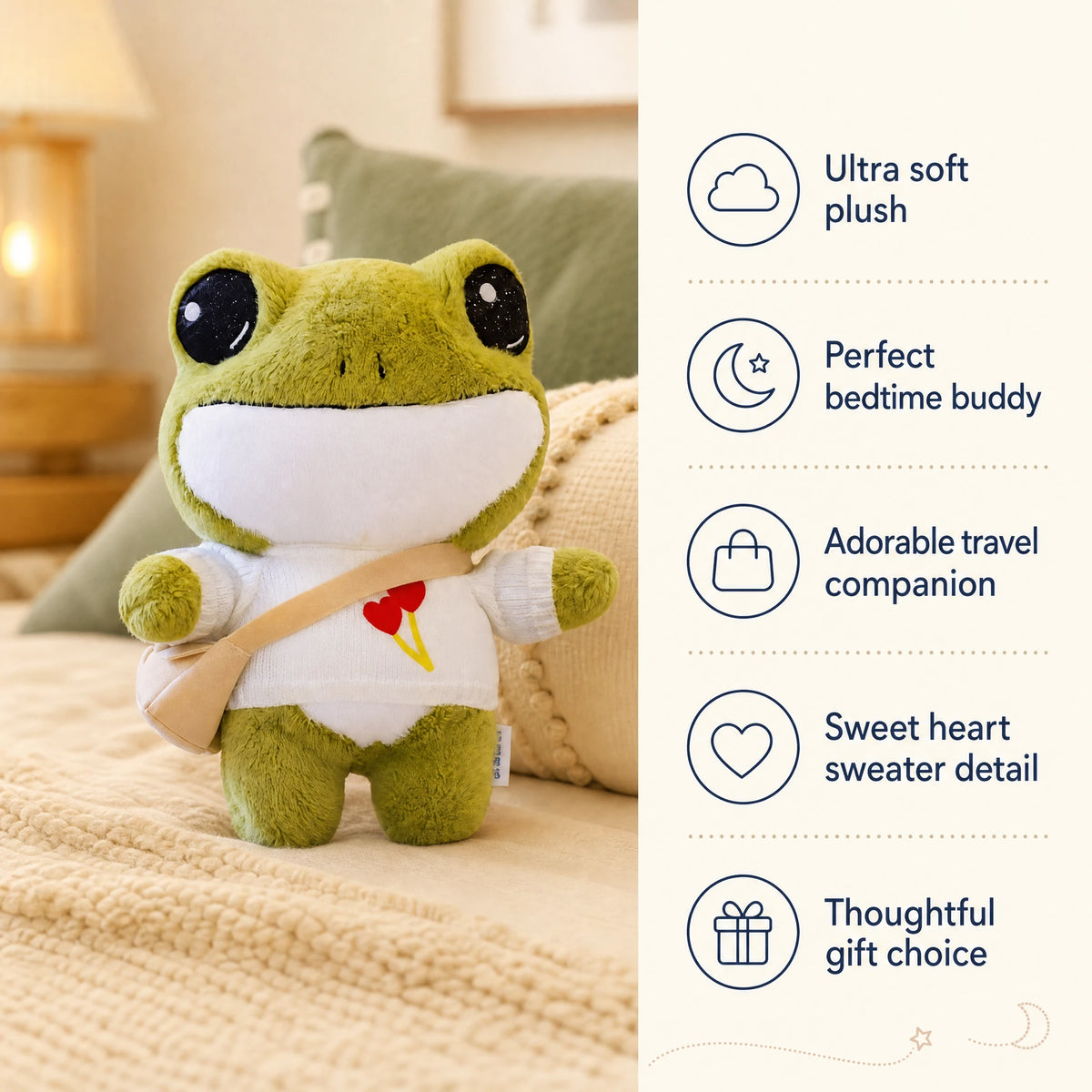 Frog Plush Toy in White T-shirt and Satchel - Bénéfices produit