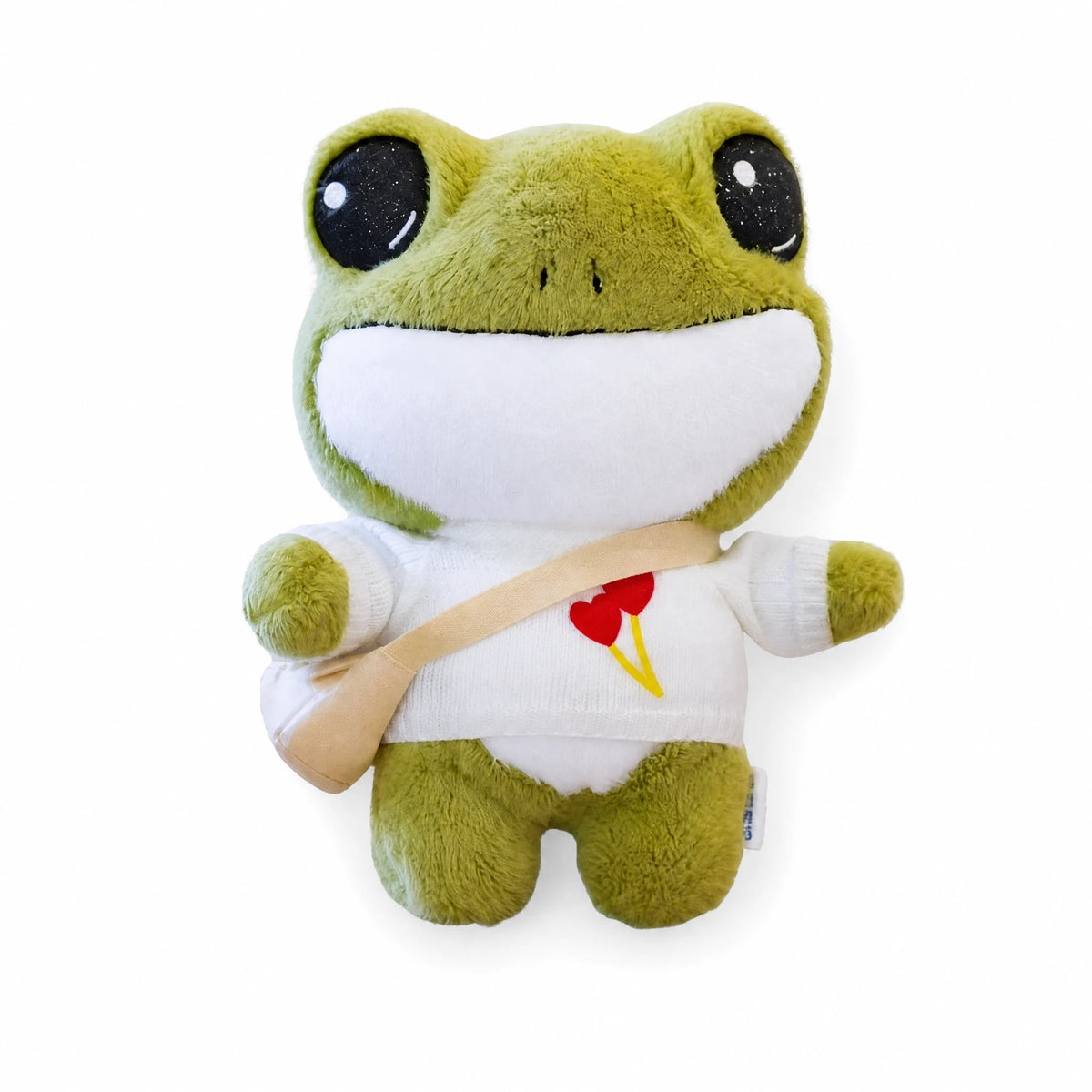 Frog Plush Toy in White T-shirt and Satchel - Fond blanc