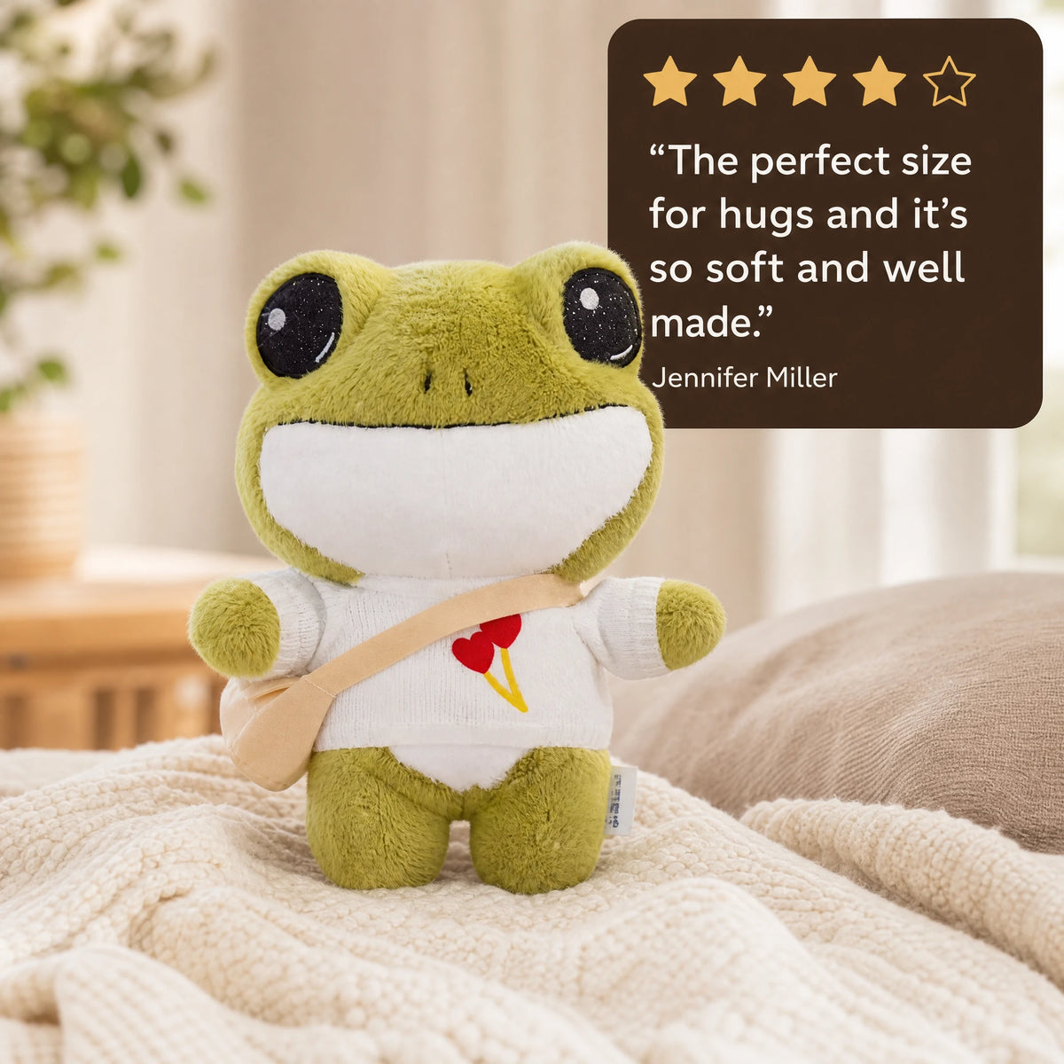 Frog Plush Toy in White T-shirt and Satchel - Image témoignage