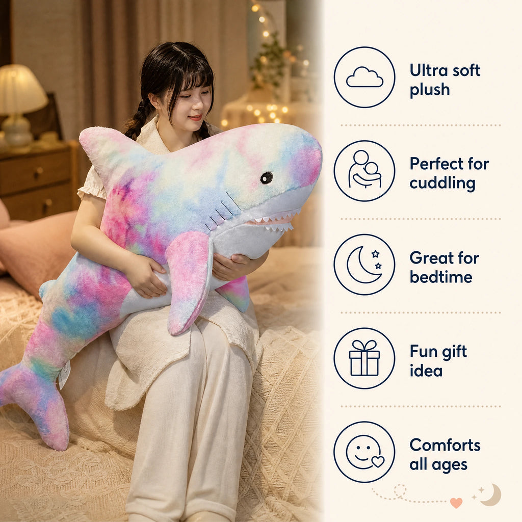 Galaxy Shark Plush in Rainbow Tie-Dye Design - Bénéfices produit