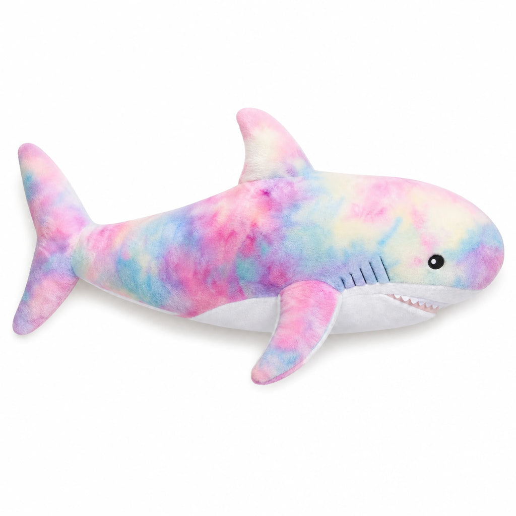 Galaxy Shark Plush in Rainbow Tie-Dye Design - Fond blanc