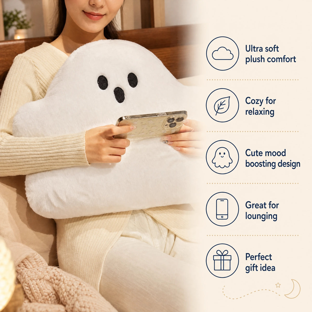 Ghost Plush Pillow with Hand Warmer Pockets - Bénéfices produit