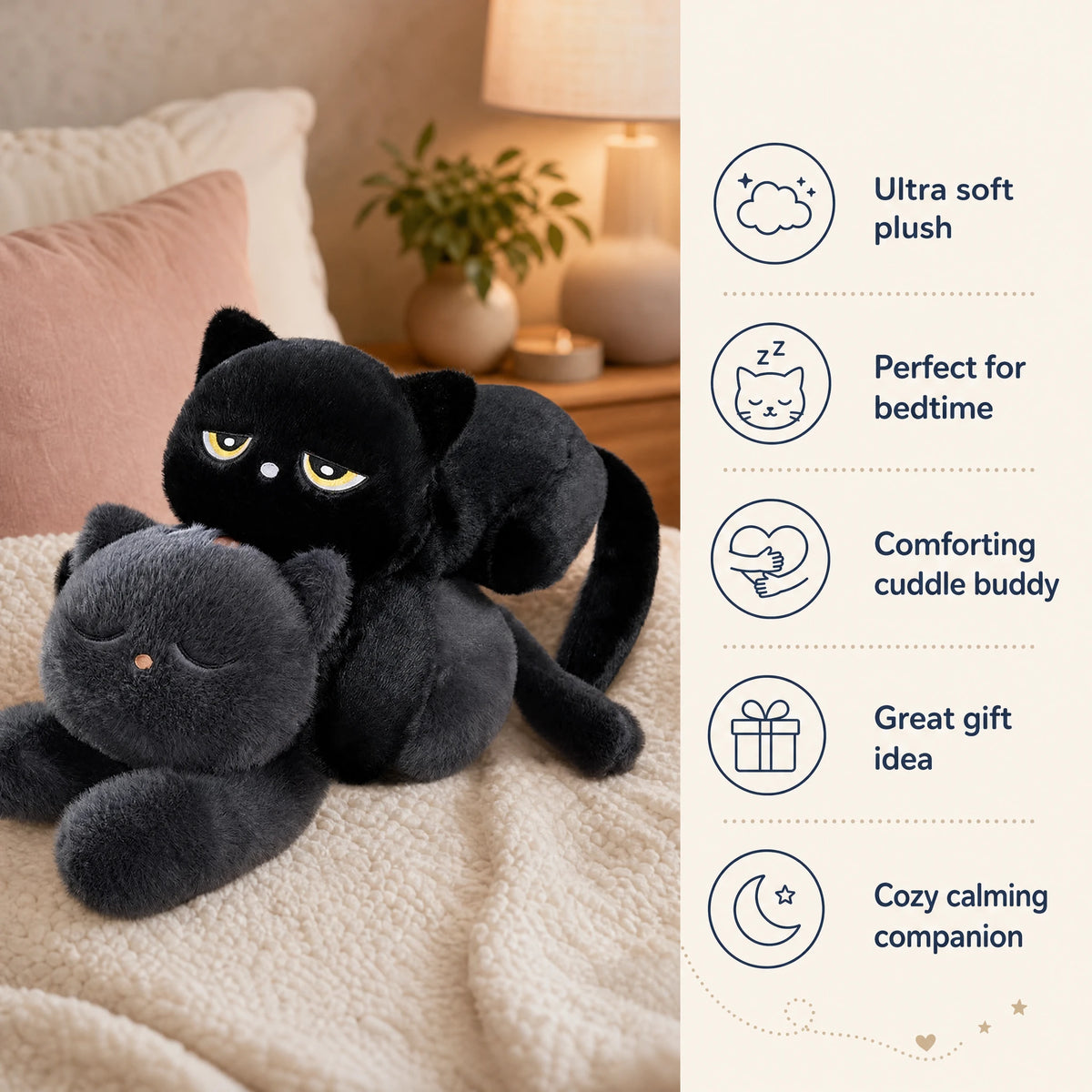 Giant Black Cat Plush with Yellow Eyes - Bénéfices produit
