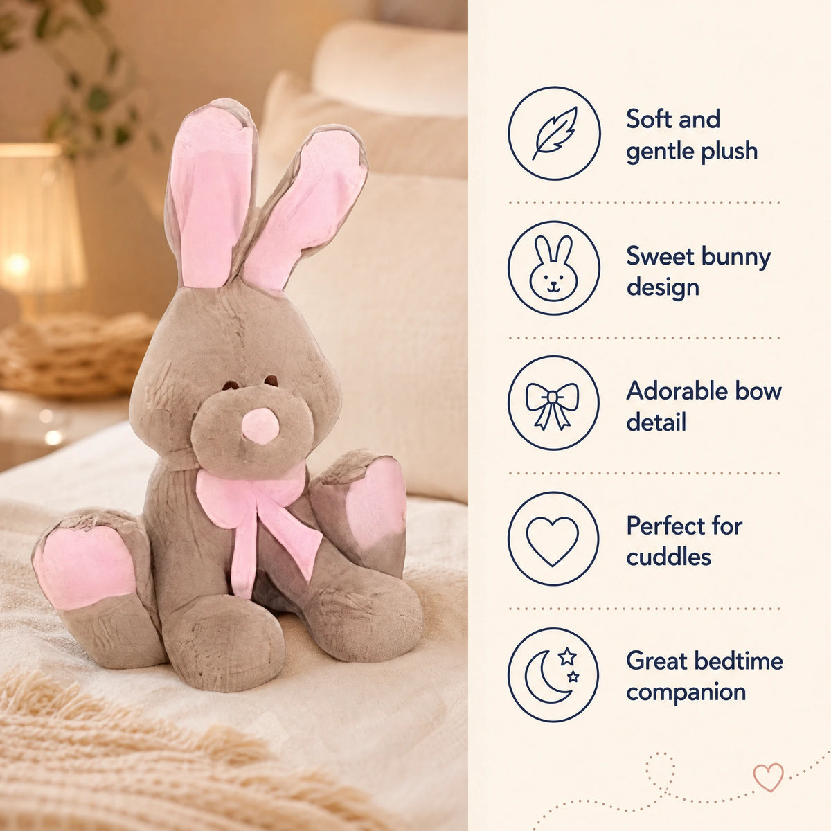 Giant Bunny Plush with Pink Details and Bow - Bénéfices produit