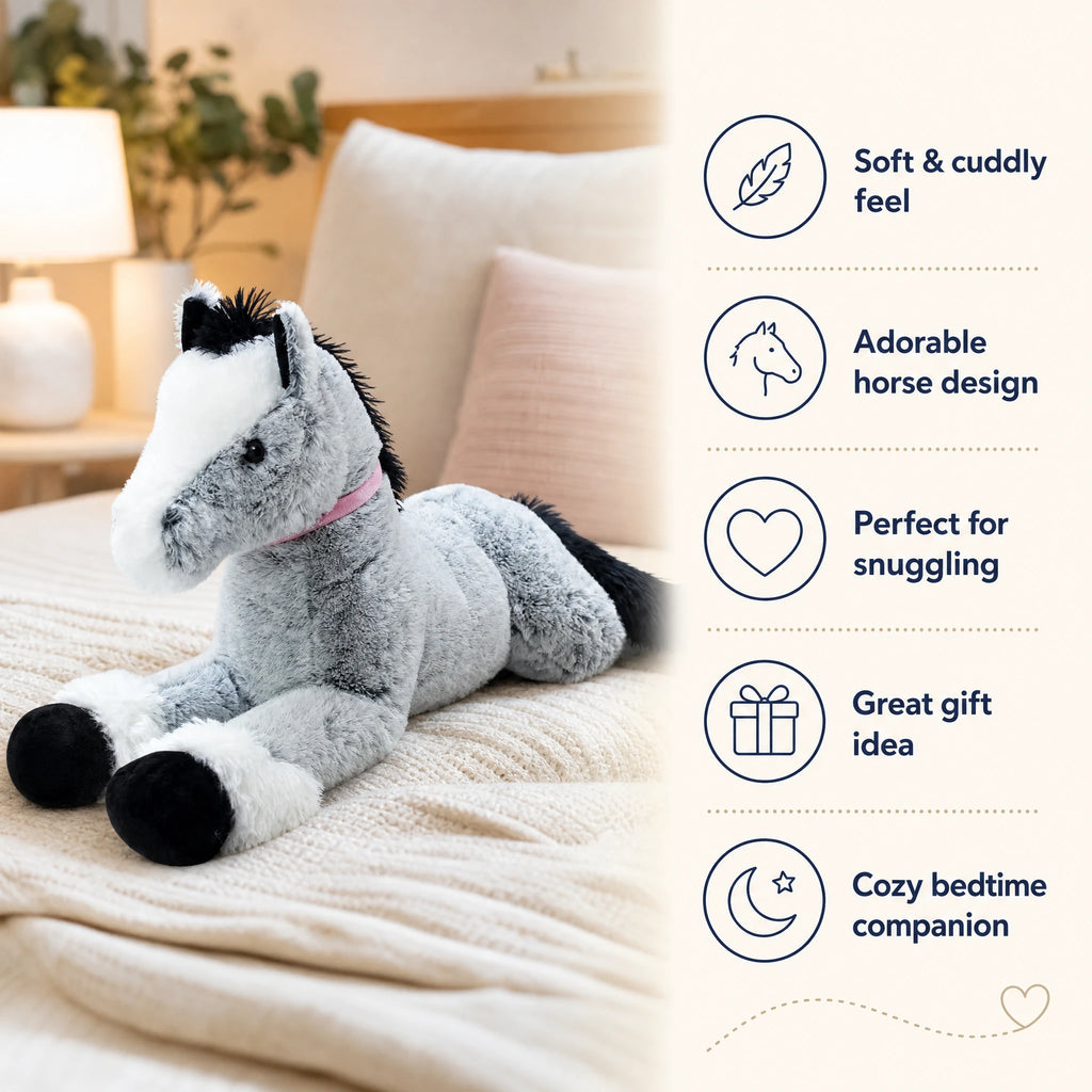 Giant Horse Plush with Soft Gray Coat and Pink Collar - Bénéfices produit