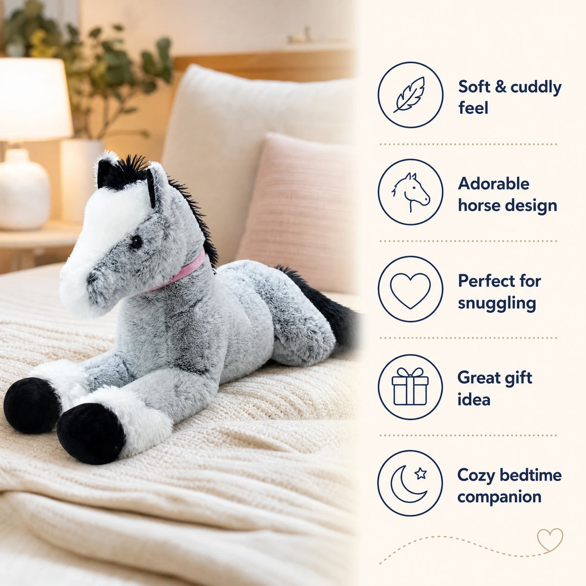 Giant Horse Plush with Soft Gray Coat and Pink Collar - Bénéfices produit