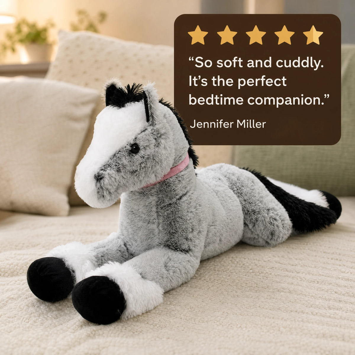 Giant Horse Plush with Soft Gray Coat and Pink Collar - Image témoignage