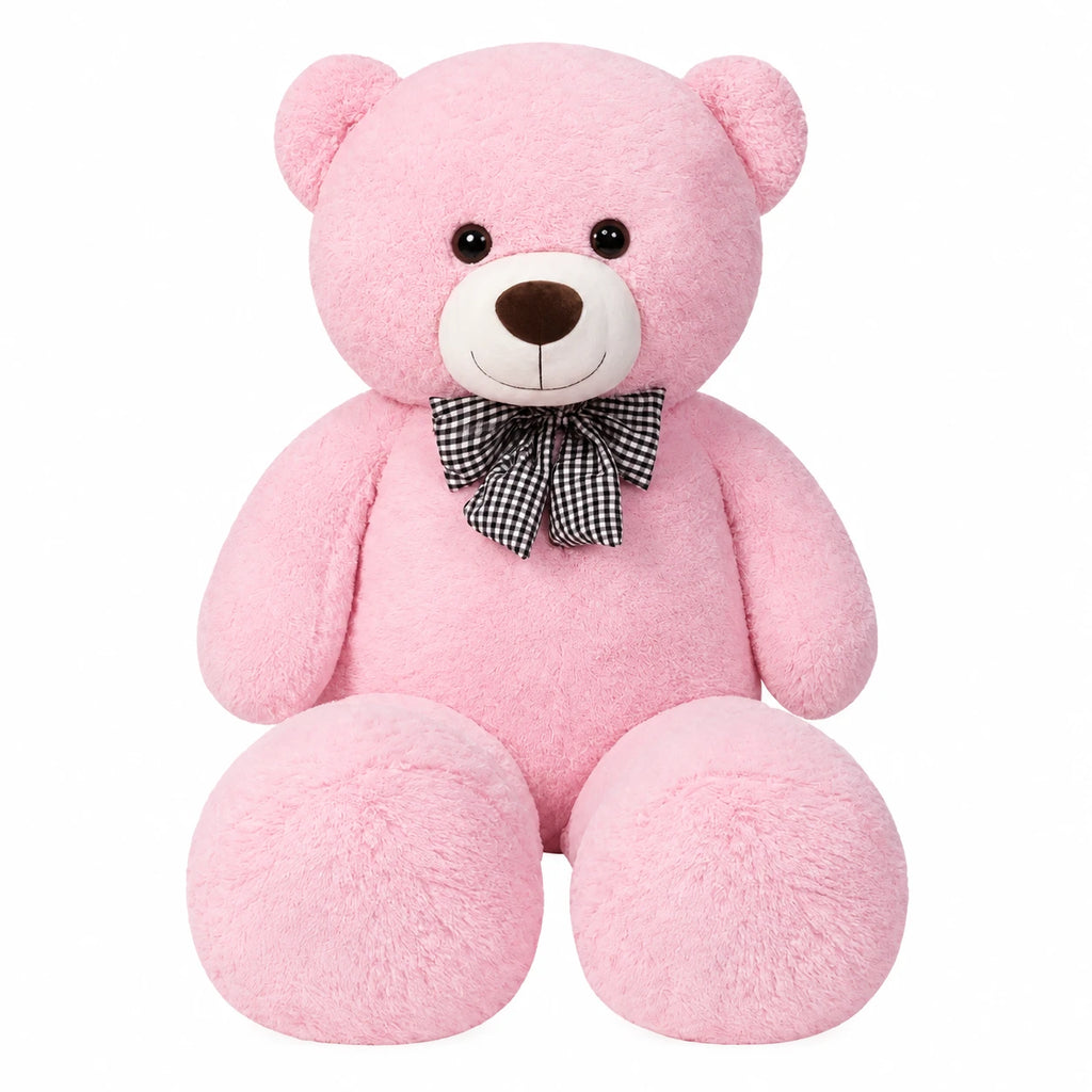 Giant Teddy Bear with Checkered Bow Tie - Pink / 39.5in / 100cm · Pink / 47in / 120cm