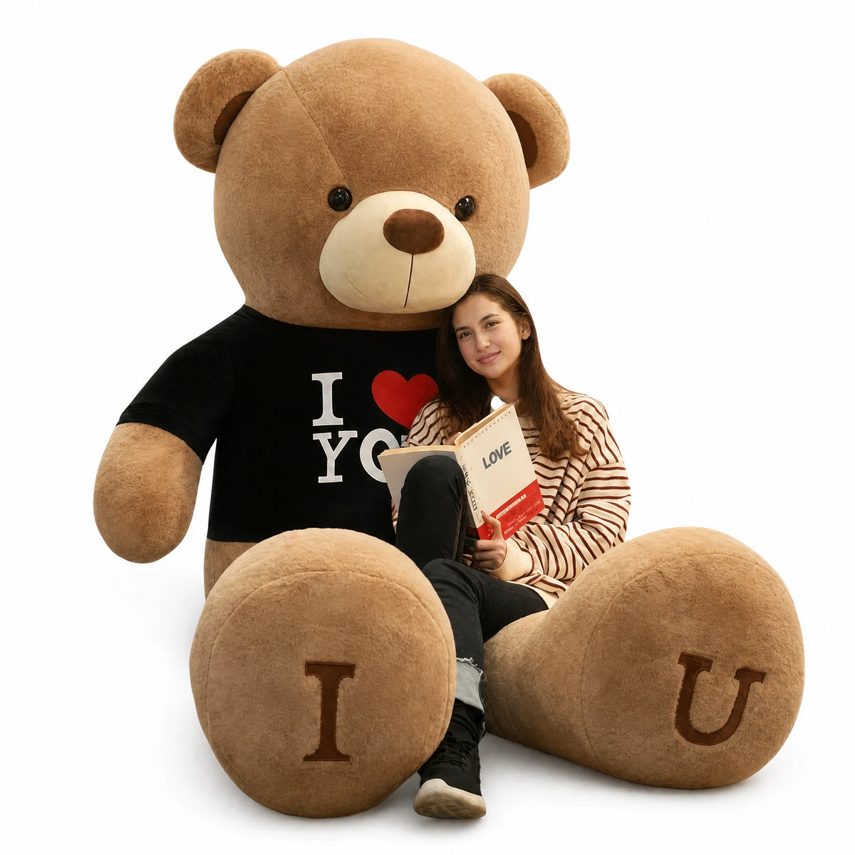 Giant Teddy Bear with I Love You T-Shirt - Fond blanc