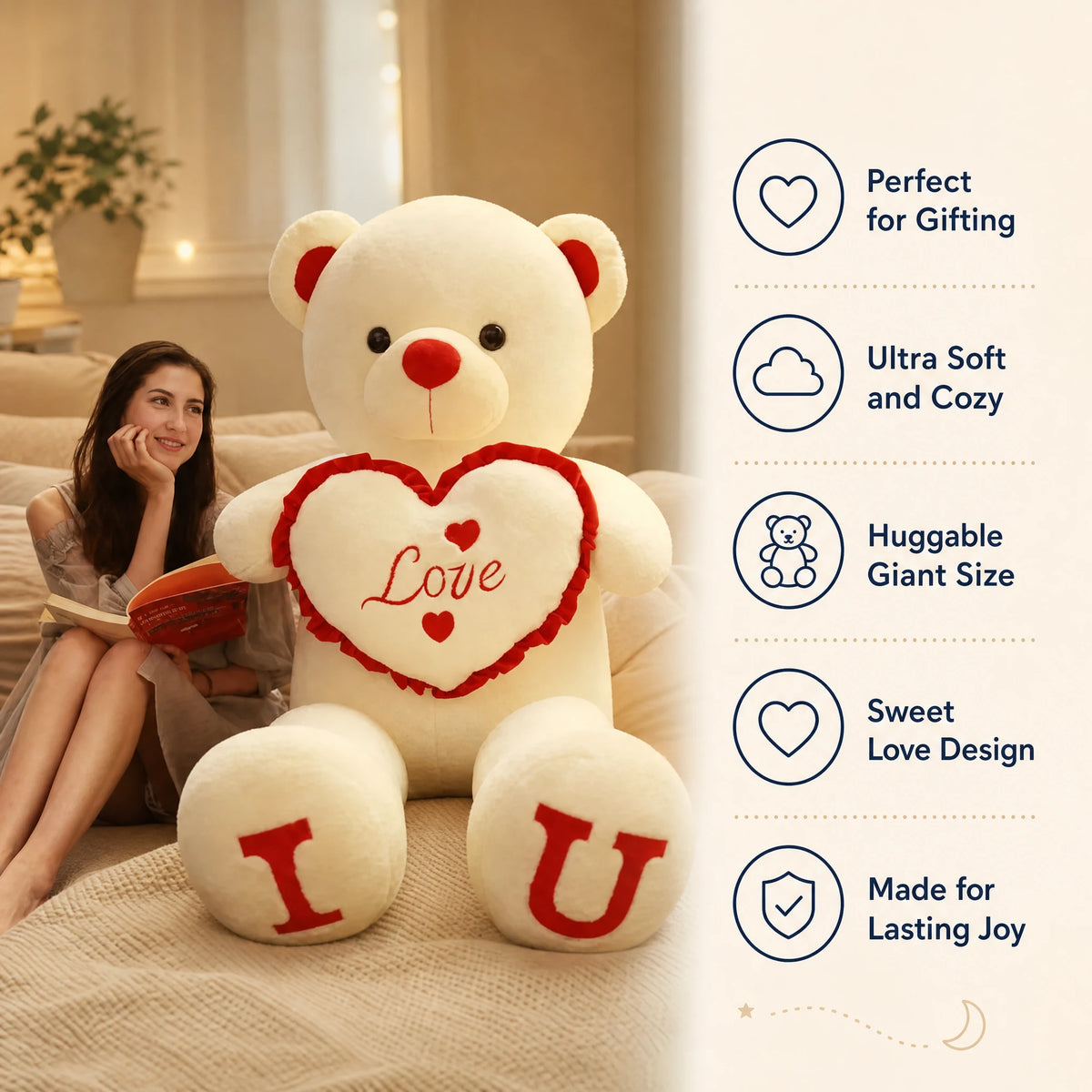 Giant Teddy Bear with Love Heart Embroidery - Bénéfices produit