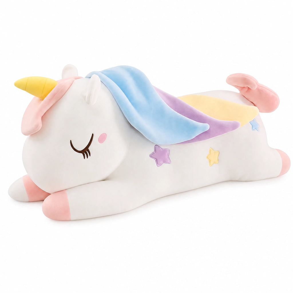 Giant Unicorn Plush with Rainbow Mane and Lying Pose - Fond blanc