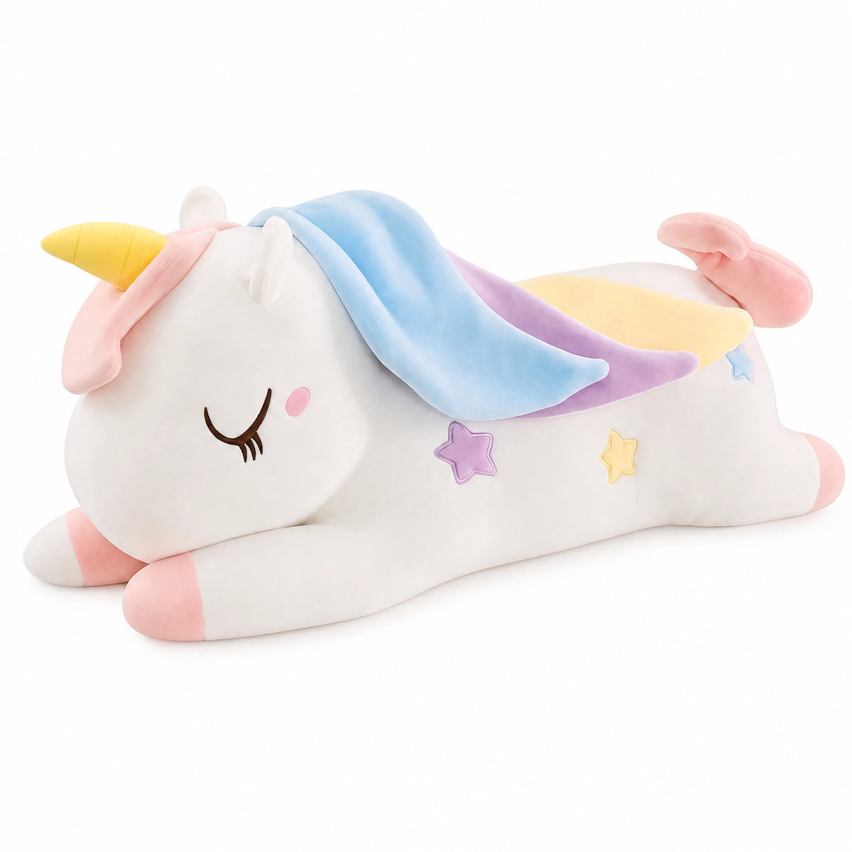 Giant Unicorn Plush with Rainbow Mane and Lying Pose - Fond blanc