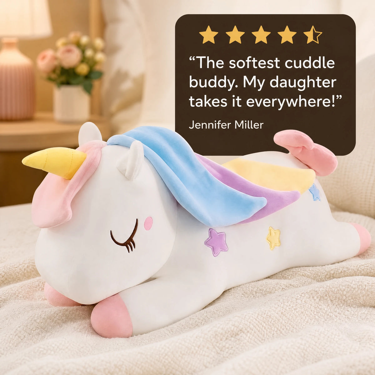Giant Unicorn Plush with Rainbow Mane and Lying Pose - Image témoignage