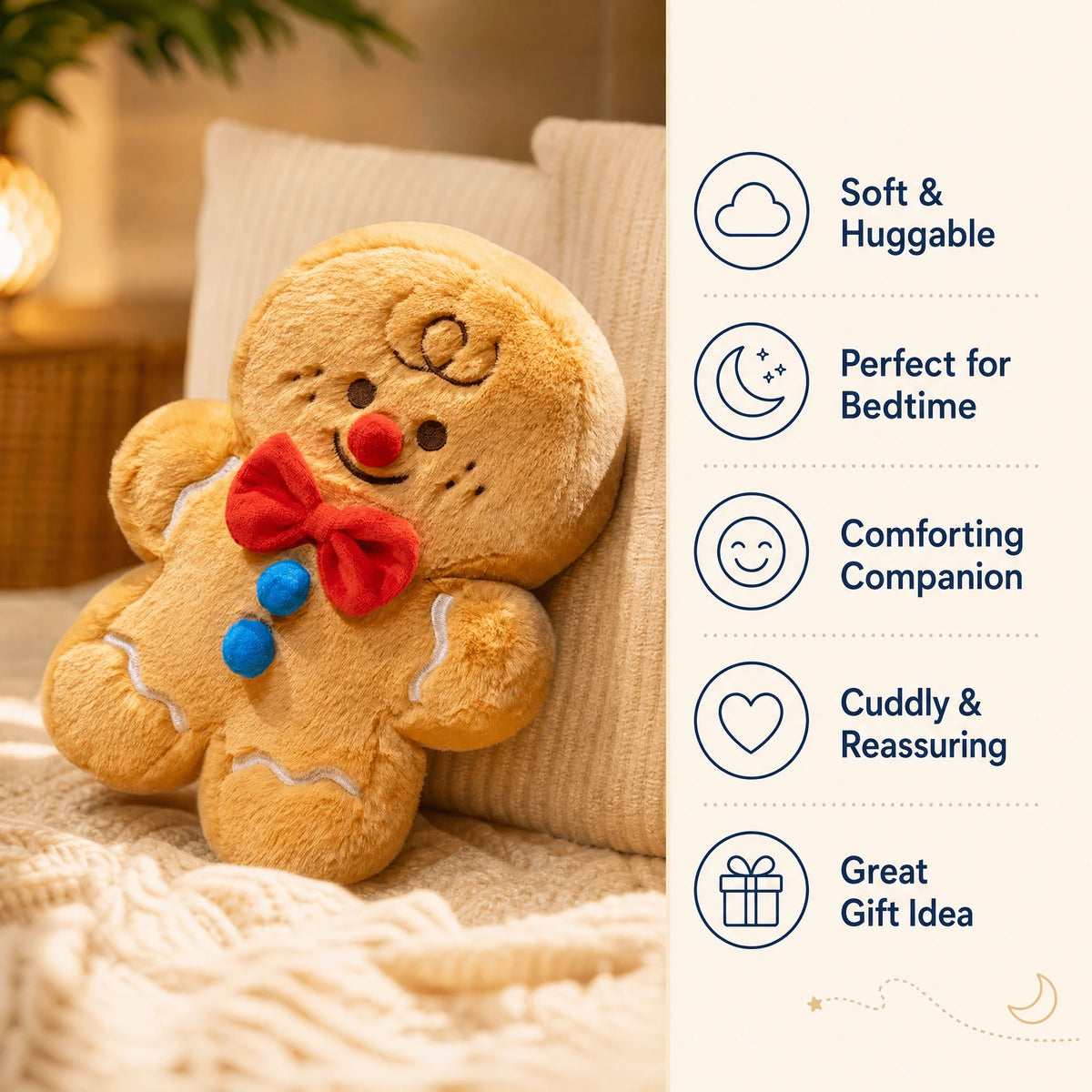 Gingerbread Man Plush with Red Bow and Embroidered Details - Bénéfices produit