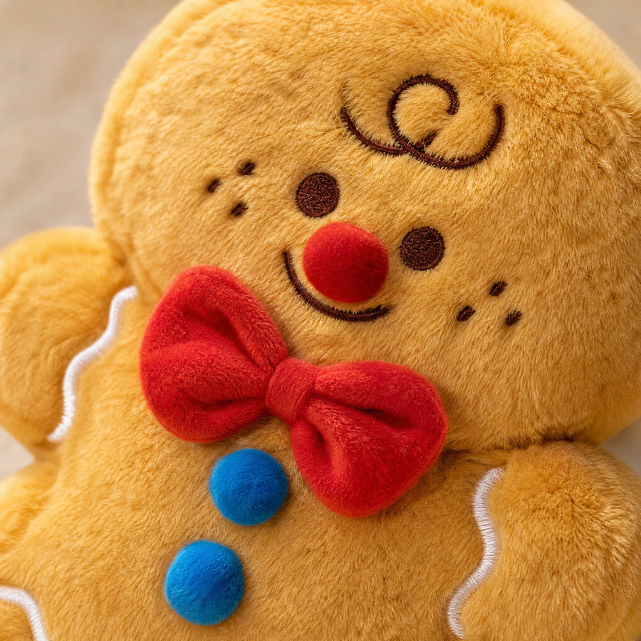 Gingerbread Man Plush with Red Bow and Embroidered Details - Détail matière