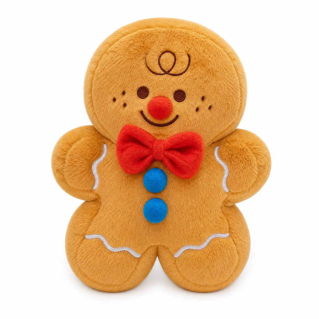 Gingerbread Man Plush with Red Bow and Embroidered Details - Fond blanc