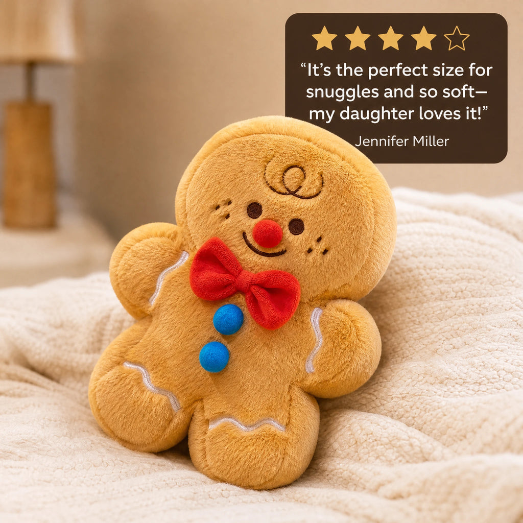 Gingerbread Man Plush with Red Bow and Embroidered Details - Image témoignage