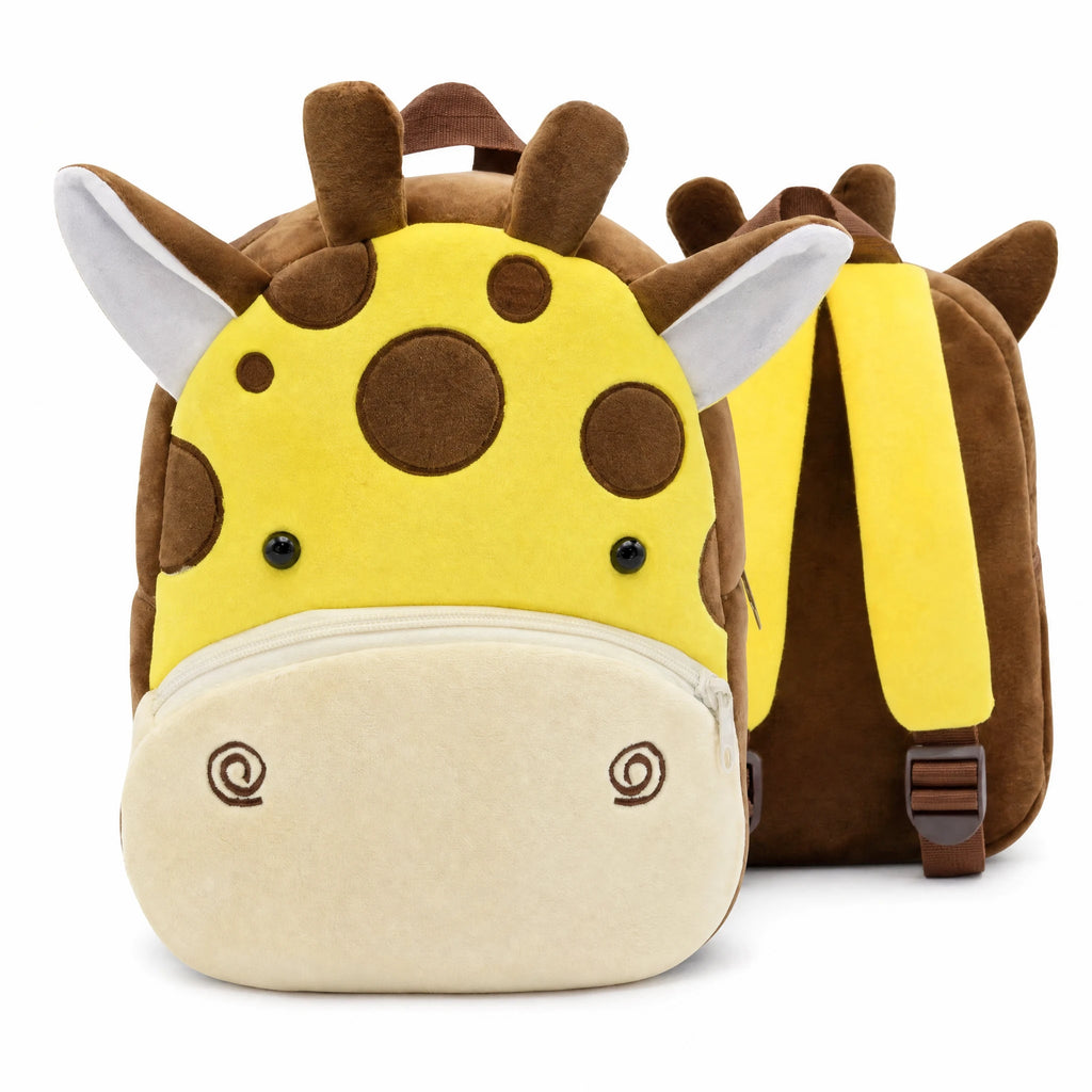 Giraffe Backpack Kids – Plush Animal Design with Pockets - Fond blanc
