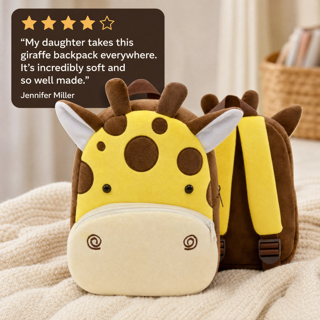 Giraffe Backpack Kids – Plush Animal Design with Pockets - Image témoignage