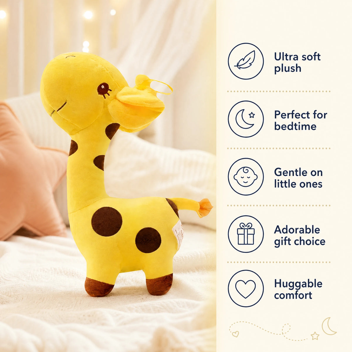 Giraffe Plush with Brown Spots in Soft Yellow - Bénéfices produit