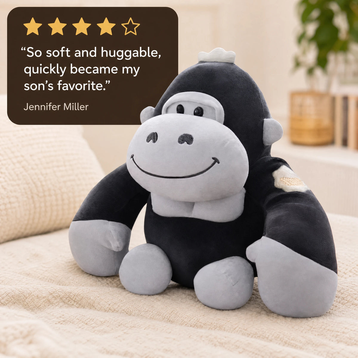 Gorilla Plush with Black Fur and Cheerful Smile - Image témoignage