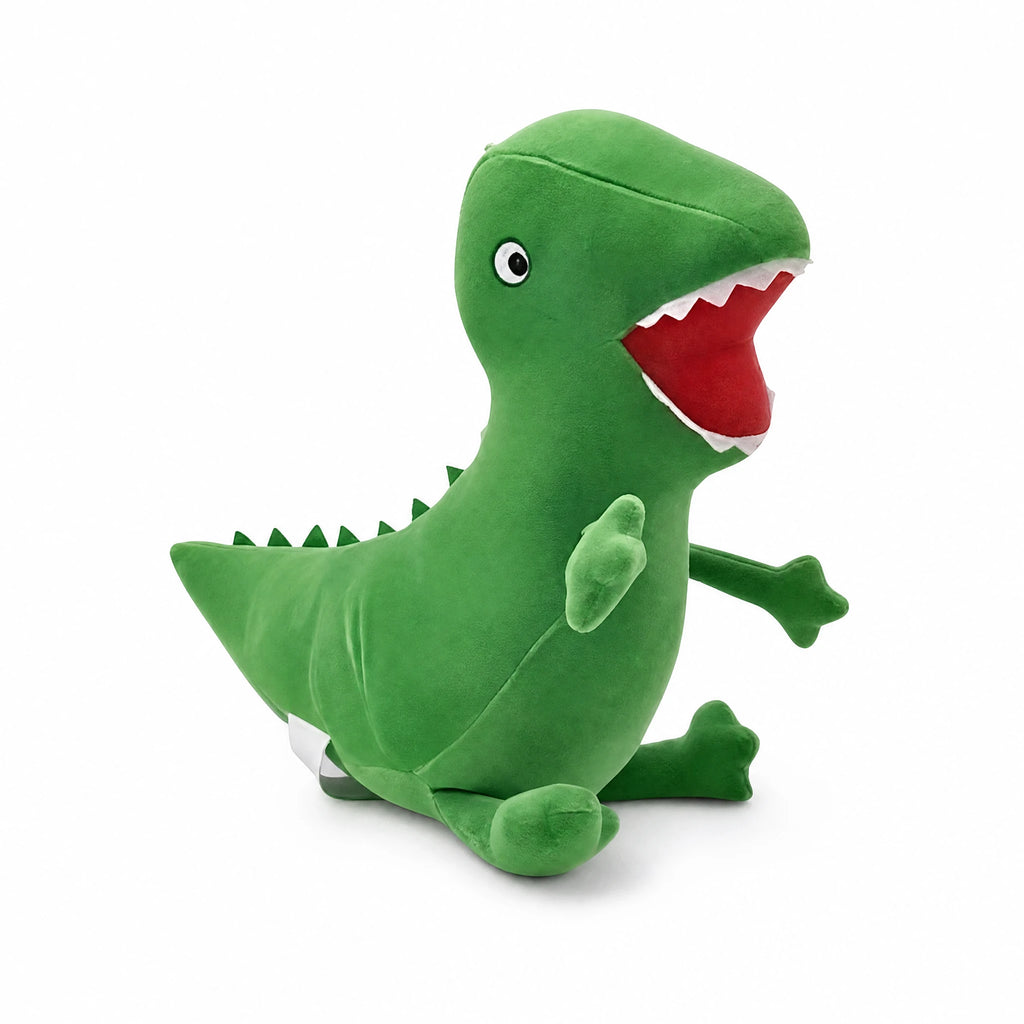 Green Dinosaur Plush with Open Mouth and Spiky Back - Fond blanc