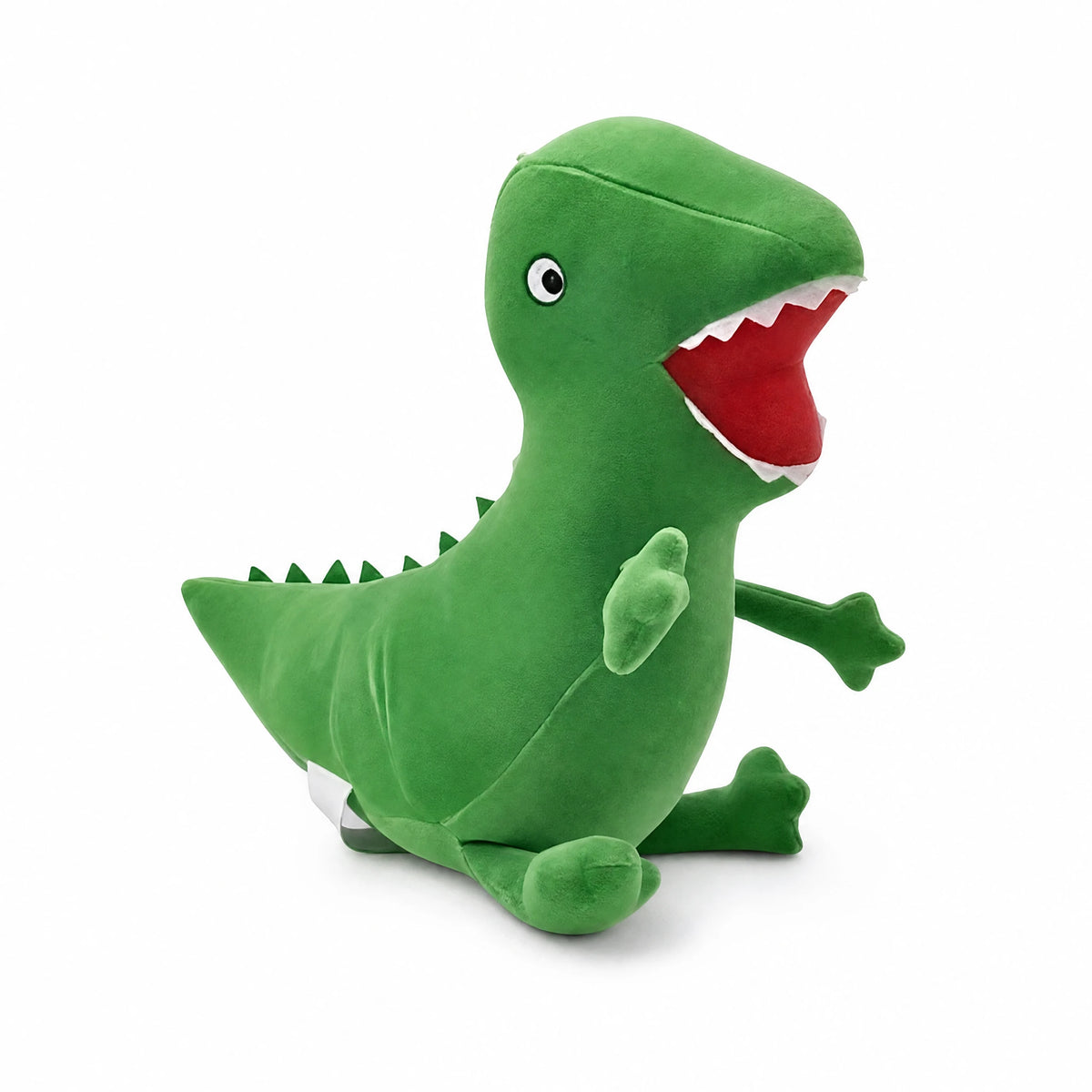 Green Dinosaur Plush with Open Mouth and Spiky Back - Fond blanc