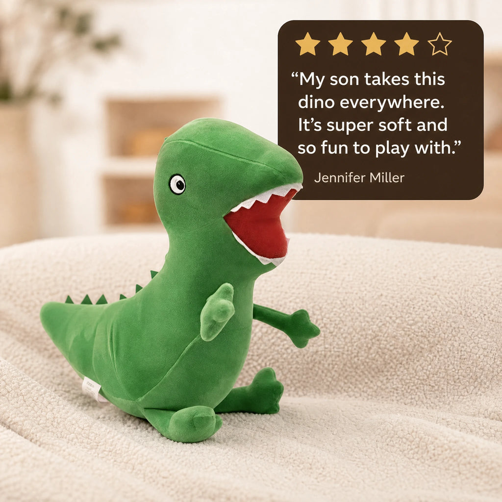 Green Dinosaur Plush with Open Mouth and Spiky Back - Image témoignage