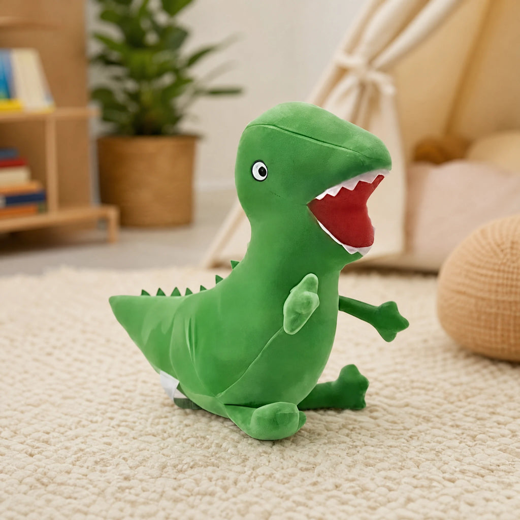 Green Dinosaur Plush with Open Mouth and Spiky Back - Utilisation du produit