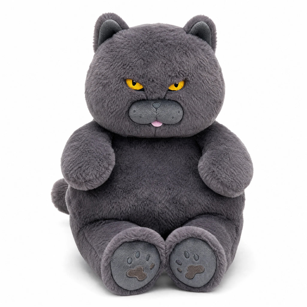 Grumpy Cat Plush with Yellow Eyes and Gray Fur - Fond blanc