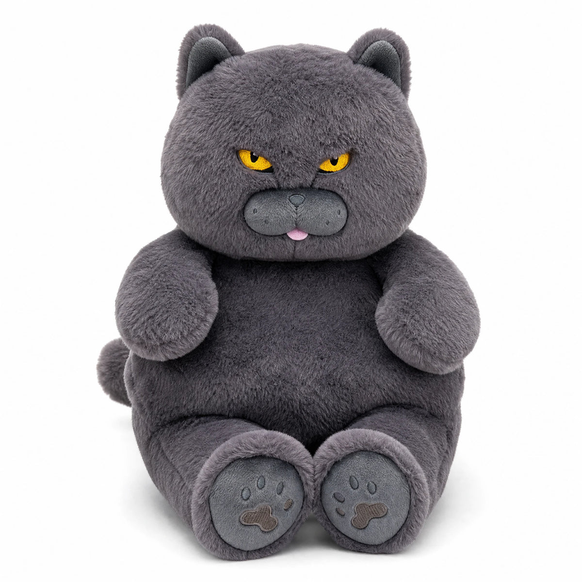 Grumpy Cat Plush with Yellow Eyes and Gray Fur - Fond blanc