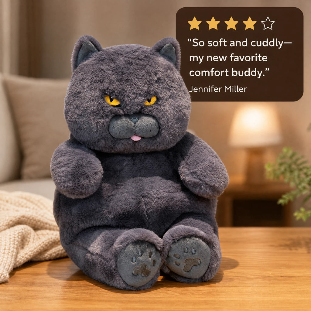 Grumpy Cat Plush with Yellow Eyes and Gray Fur - Image témoignage