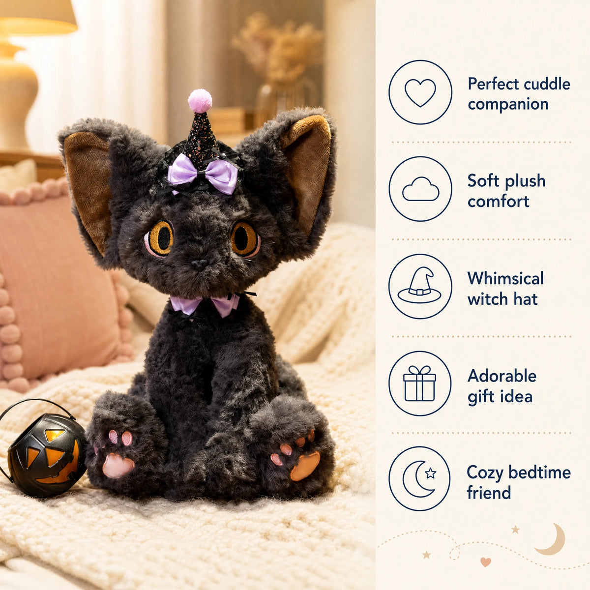 Halloween Black Cat Plush with Witch Hat and Accessories - Bénéfices produit