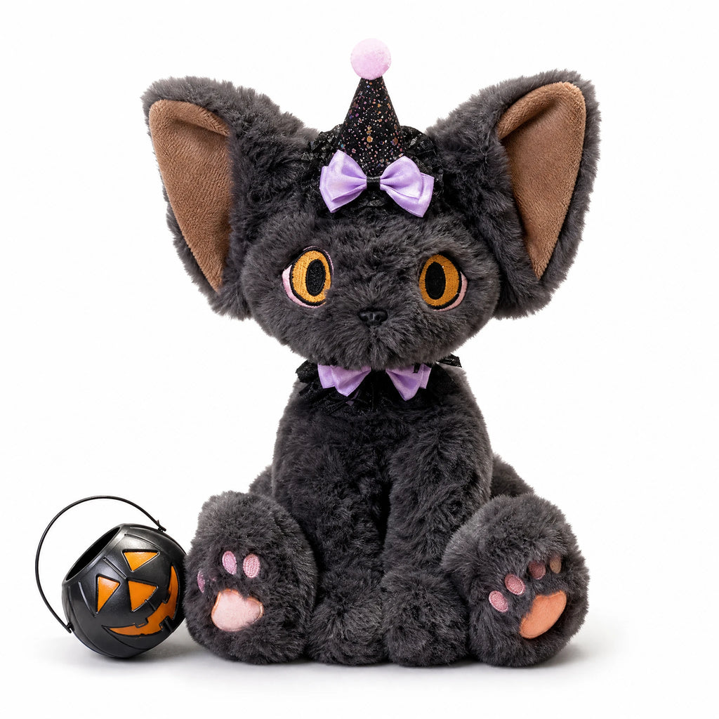 Halloween Black Cat Plush with Witch Hat and Accessories - Fond blanc