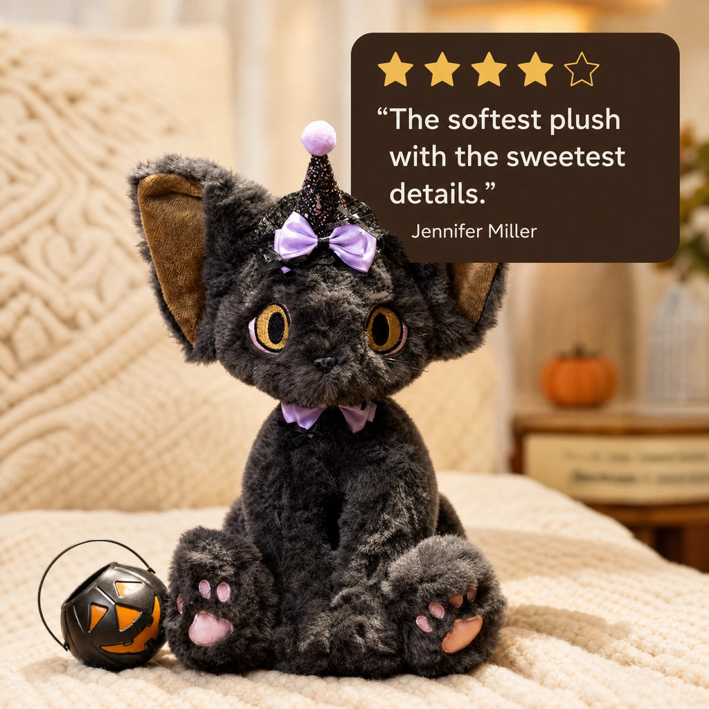 Halloween Black Cat Plush with Witch Hat and Accessories - Image témoignage