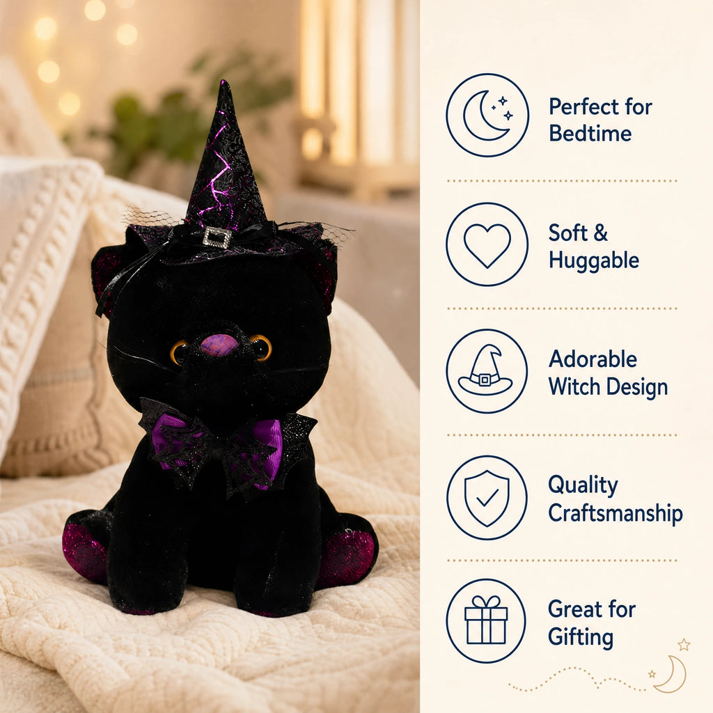 Halloween Cat Plush with Witch Hat and Bow Decoration - Bénéfices produit