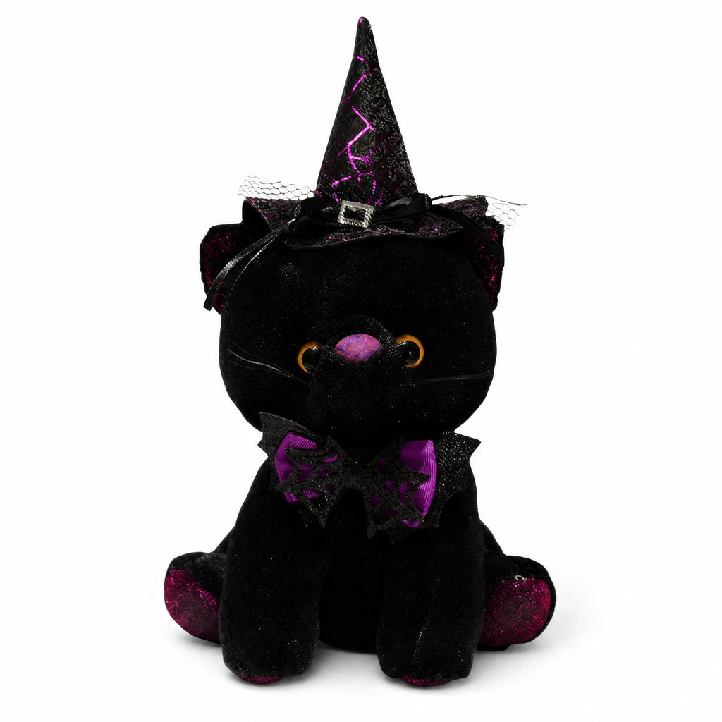 Halloween Cat Plush with Witch Hat and Bow Decoration - Fond blanc