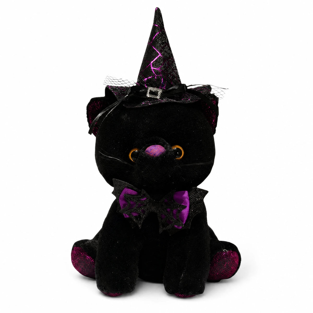 Halloween Cat Plush with Witch Hat and Bow Decoration - Fond blanc